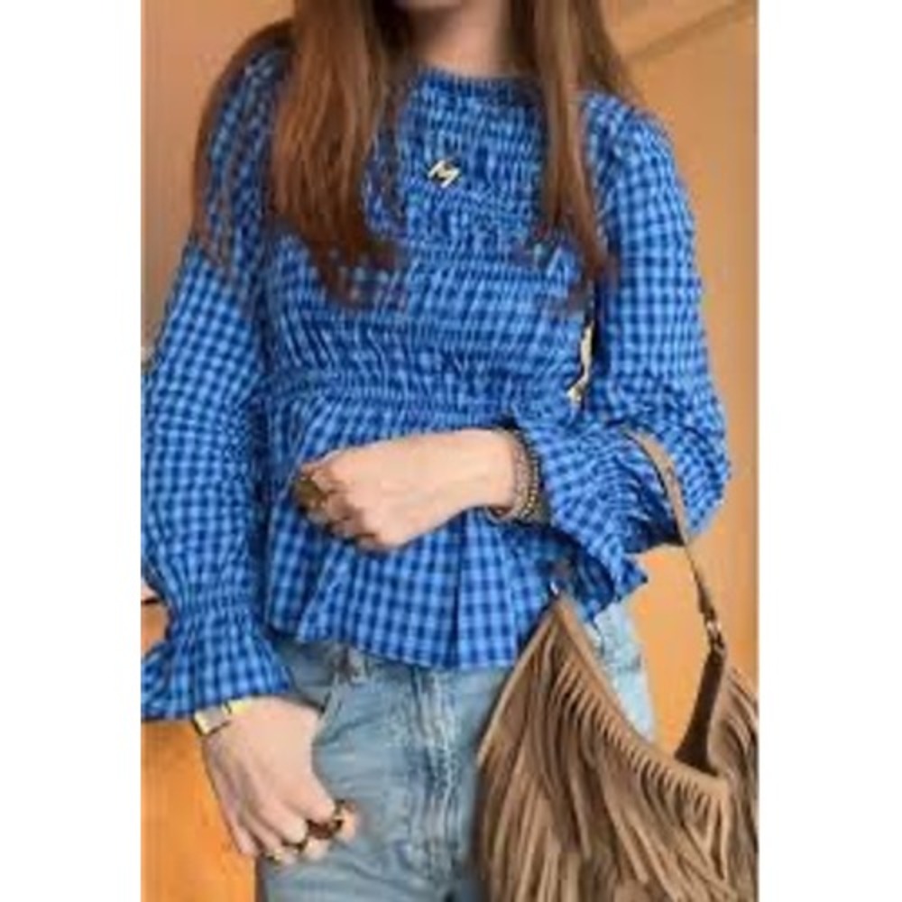 Zara Blue Gingham Smocked Peplum Blouse Long Sleeve Top Size L